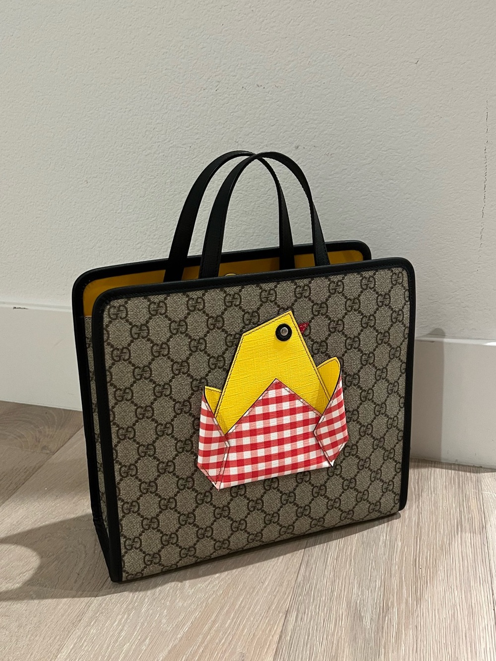 Gucci Beige GG Supreme Tote with Yellow & Red Chick Patch
